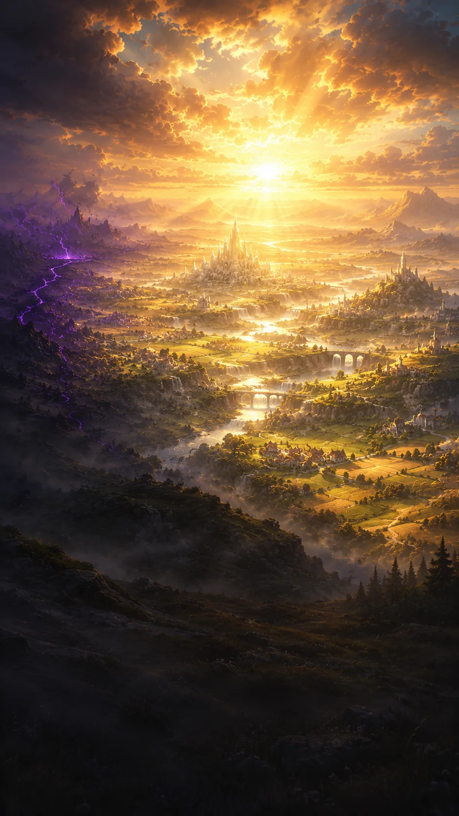 From a high ridge, golden Aurelia stretches to the horizon, and where the gold goes grey the Blight has already fed.