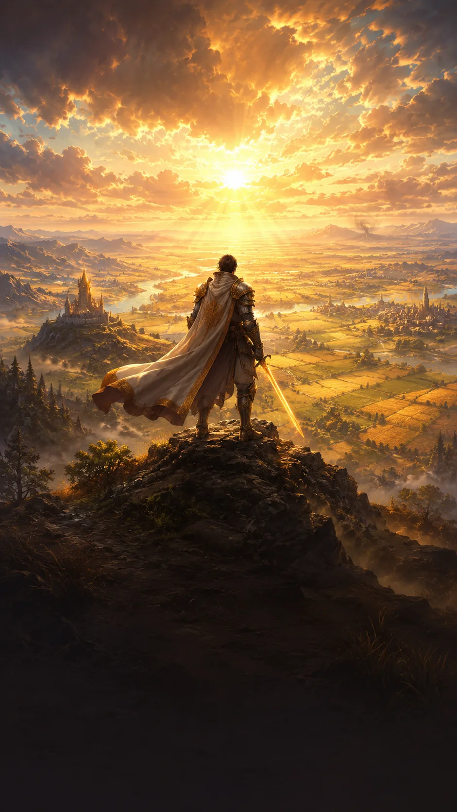 A lone Dawnsworn stands on a ridge, looking out over the golden realm of Aurelia as the grey Blight creeps toward it.